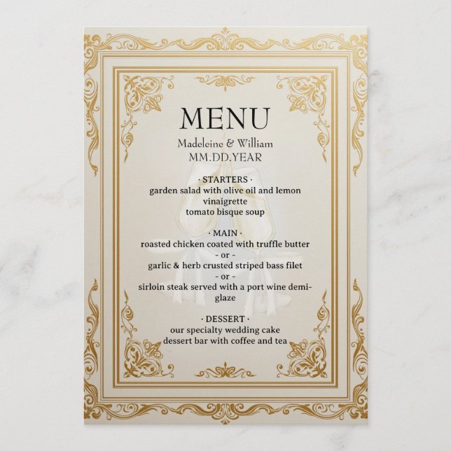 Eleganter Gold Wedding Menu Card Luxus Empfang Menükarte (Vorderseite)