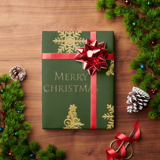 Eleganter Gold Weihnachtsbaum auf Dunkelgrün Geschenkpapier (Feiertagsgeschenk)