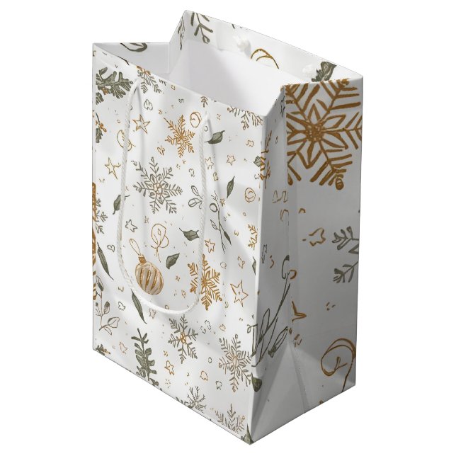 Eleganter Gold & White Weihnachtsurlaub Mittlere Geschenktüte (Vorderseite Schrägansicht)
