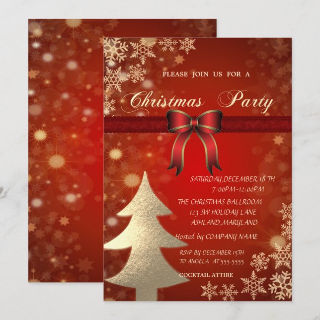 Eleganter Goldbaum, Bow Corporate Christmas Party Einladung (Vorne/Hinten)
