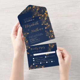 Eleganter goldblütiger Foliage Navy Blue All In One Einladung