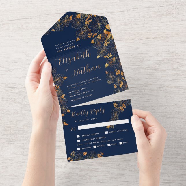 Eleganter goldblütiger Foliage Navy Blue All In One Einladung (Abreißen)
