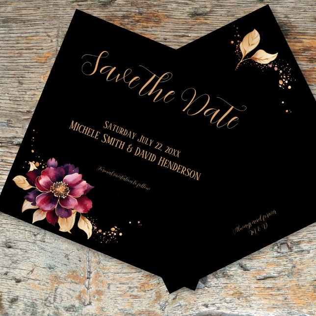 Eleganter Goldburgunder Save the Date Einladung (Elegant black gold burgundy front/back Save the Date Invitation - double sided)