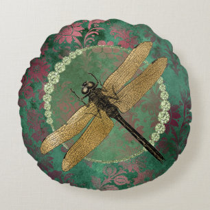 Eleganter Golddrachenfliege auf Grün mit Rhinesto Rundes Kissen