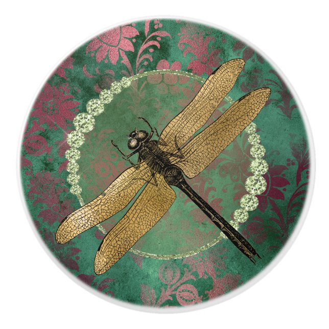 Eleganter Golddrachenfliege auf Grün mit Rhineston Keramikknauf (Vorderseite)