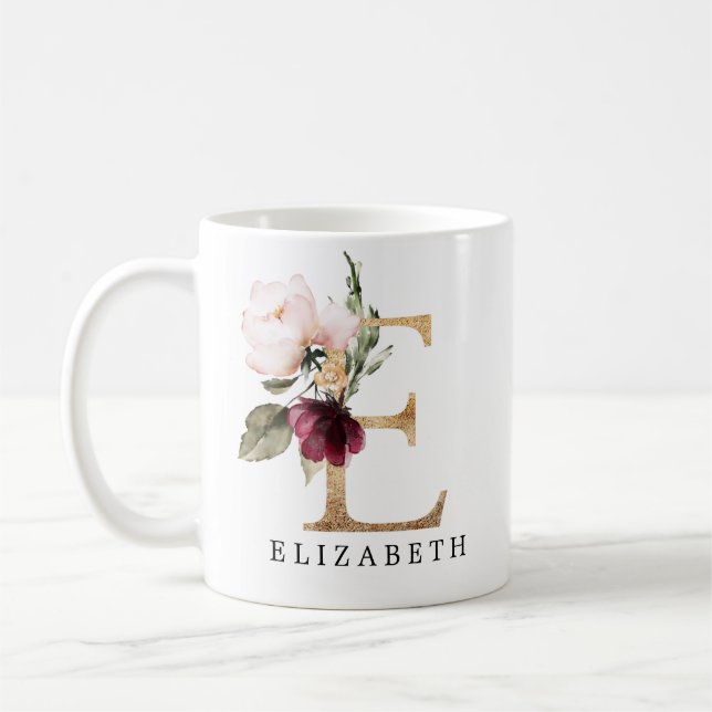Eleganter Golden and Burgundy Blush Blume Letter E Kaffeetasse (Links)