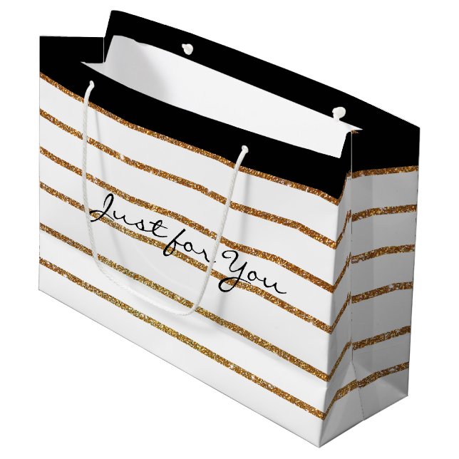 Eleganter Golden Glitzer Gestreifte Geschenktasche Große Geschenktüte (Vorderseite Schrägansicht)
