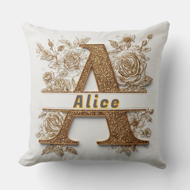 Eleganter Golden Letter A mit delikaten Blume Kissen (Vorderseite)