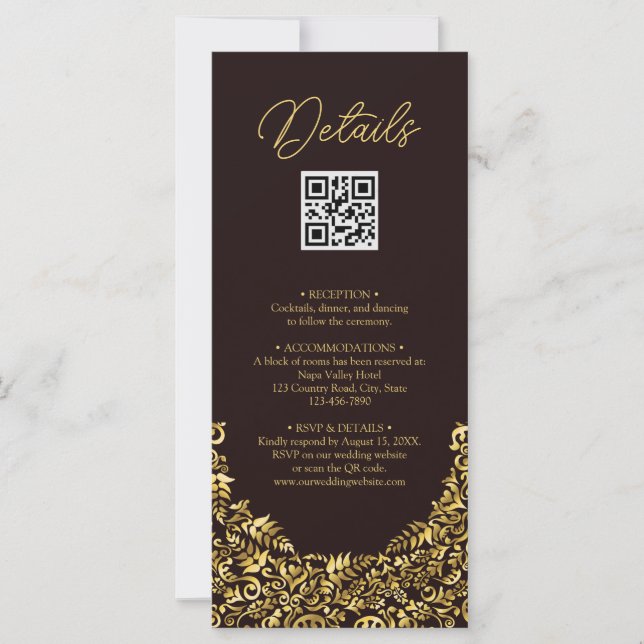 Eleganter Golden Maroon QR Code Hochzeitdetails Karte (Vorderseite)