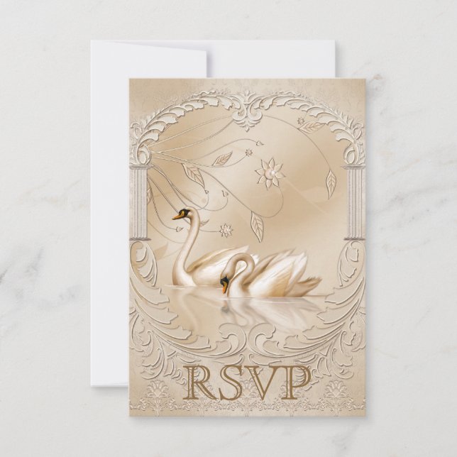 Eleganter Golden Swans Verzierte formelle Hochzeit RSVP Karte (Vorderseite)