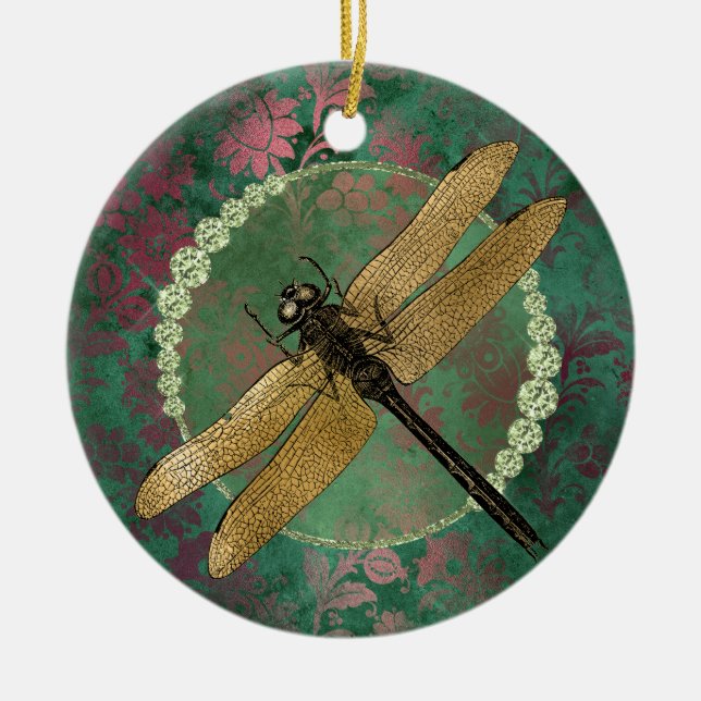 Eleganter Goldene Libelle auf Grün mit Rhinestones Keramik Ornament (Vorne)