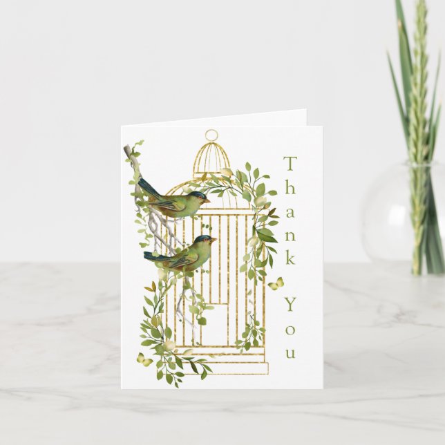 Eleganter Goldene Vogelkäfig mit Vögeln auf einer  Dankeskarte (Vorderseite)