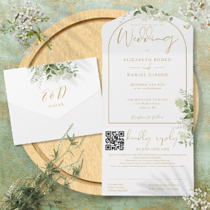Eleganter goldener Bogen QR Code Grün Hochzeit All In One Einladung