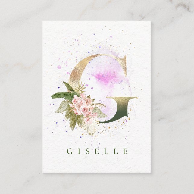 Eleganter Goldener Brief Rosa Aquarellstrich Splas Visitenkarte (Vorderseite)