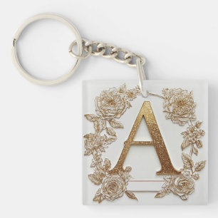 Eleganter goldener Buchstabe A mit zarten Blumen Schlüsselanhänger
