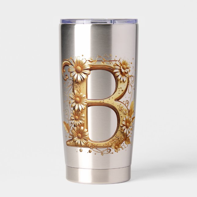 Eleganter goldener Buchstabe B mit Blumendesign Thermobecher (Vorderseite)