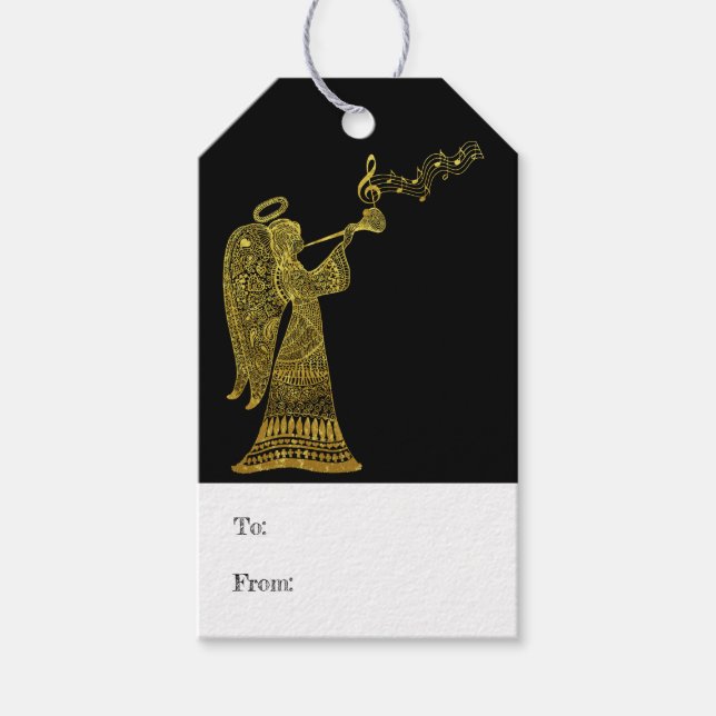 Eleganter Goldener Engel auf schwarzen Weihnachtsg Geschenkanhänger (Vorderseite)