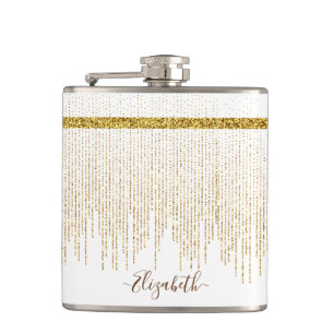 Eleganter goldener Glitter Monogramm-Name Flachmann