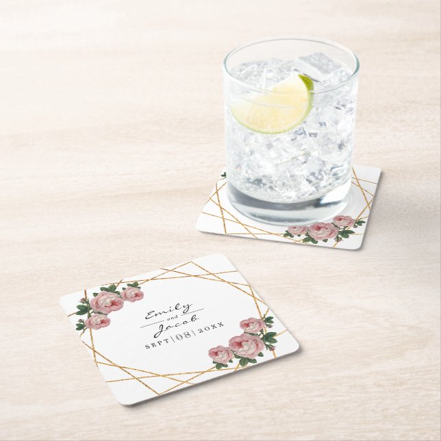Eleganter Goldener Glitzer Geometrisches Rosa Blum Rechteckiger Pappuntersetzer (Vor Ort)