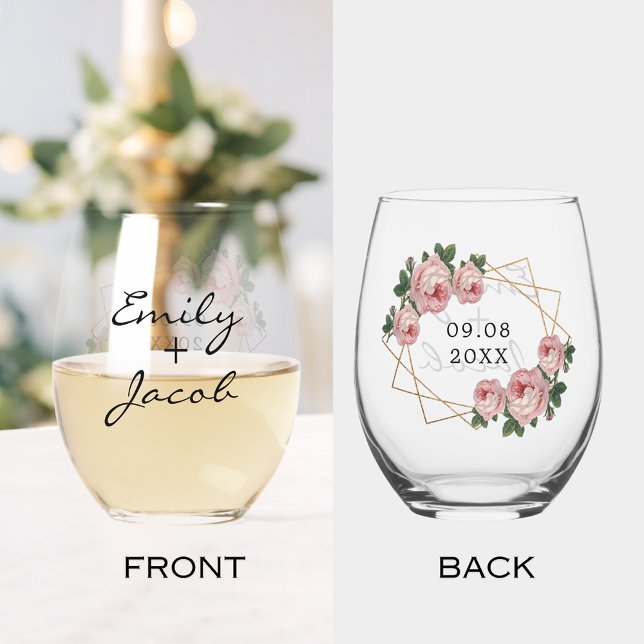 Eleganter Goldener Glitzer Geometrisches Rosa Blum Weinglas Ohne Stiel (Elegant Gold Glitter Geometric Pink Floral Wedding Stemless Wine Glass)