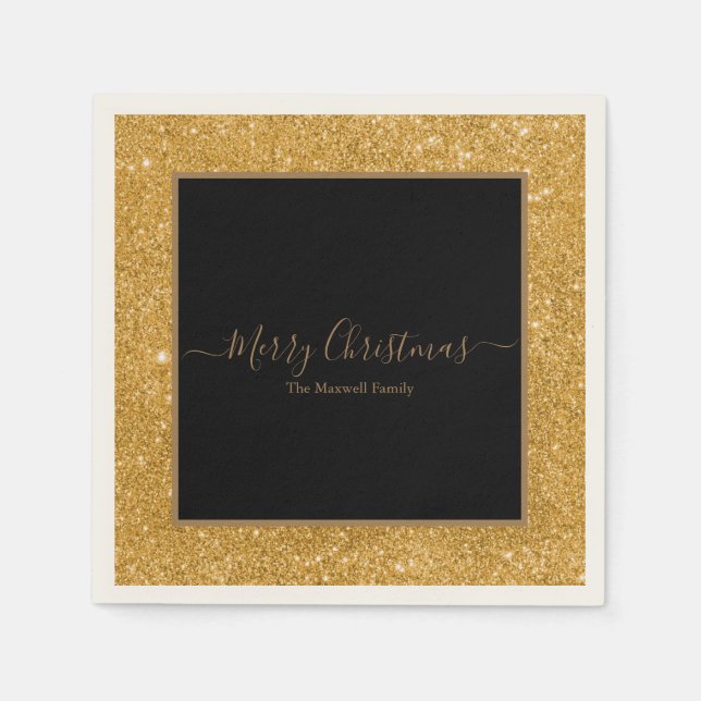 Eleganter goldener Glitzer Schwarz Frohe Weihnacht Serviette (Vorderseite)
