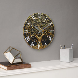 Eleganter goldener gravierter Baum Große Wanduhr
