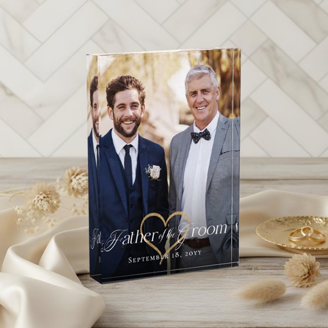 Eleganter Goldener Herz Vater des Groom Keepsake Fotoblock (Elegant Gold Heart Father of the Groom Keepsake Photo Block)