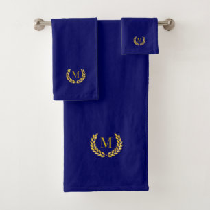 Eleganter goldener Lorbeer & Monogramm auf Navybla Badhandtuch Set