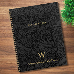 Eleganter goldener Monogramm-Name Schwarz Floral 2 Planer