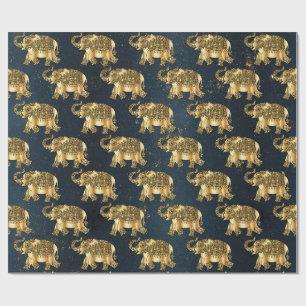 Eleganter goldener Paisley-Blumen-Elefant, dunkelb Geschenkpapier