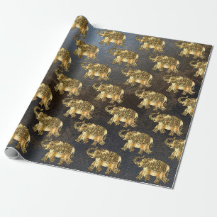 Eleganter goldener Paisley-Blumen-Elefant, Leder-O Geschenkpapier