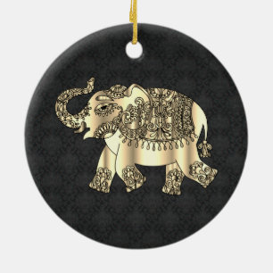 Eleganter goldener Paisley-Blumen-Elefant, schwarz Keramik Ornament