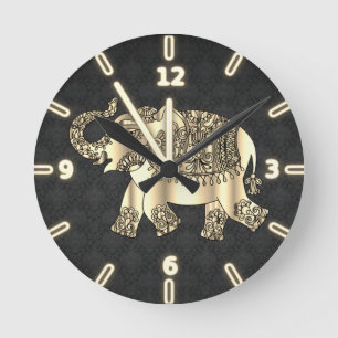 Eleganter goldener Paisley-Blumen-Elefant, schwarz Runde Wanduhr
