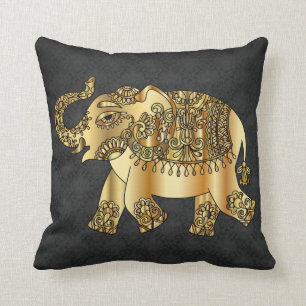 Eleganter goldener Paisley-Elefant, schwarzer Dama Kissen