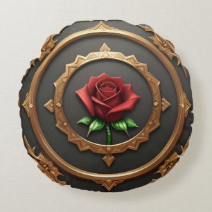Eleganter goldener Rahmen mit roter Rose Rundes Kissen