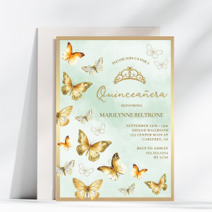 Eleganter goldener Schmetterling grüne Quinceañera Einladung