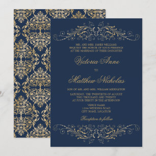 Eleganter Goldener Schwung Damast Marineblau Einladung