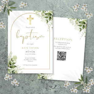 Eleganter goldener Torbogen Grün Floral Tauf-QR-Co Einladung