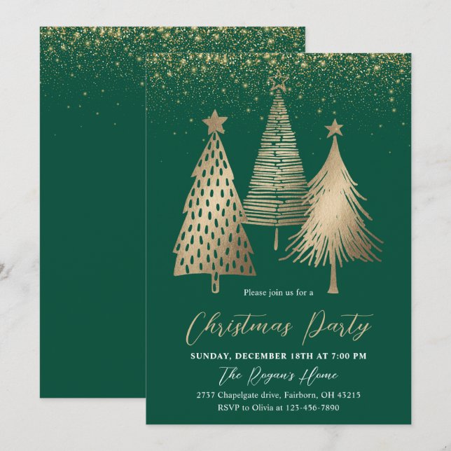 Eleganter Goldener Tree Glitzer Schnee Einladung (Vorne/Hinten)