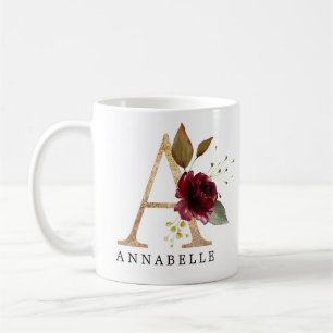 Eleganter goldener und burgunderfarbener Blumenbuc Kaffeetasse