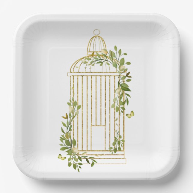 Eleganter goldener Vogelkäfig mit Foliage Paper Pl Pappteller (Vorderseite)