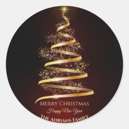 Eleganter goldener Weihnachtsbaum mit hellem Licht Runder Aufkleber