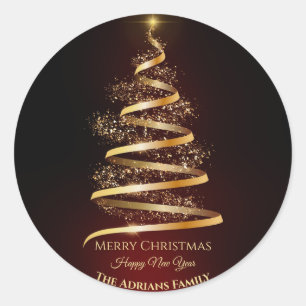 Eleganter goldener Weihnachtsbaum mit hellem Licht Runder Aufkleber
