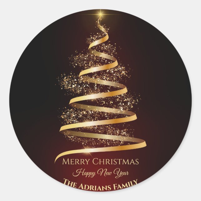 Eleganter goldener Weihnachtsbaum mit hellem Licht Runder Aufkleber (Vorderseite)