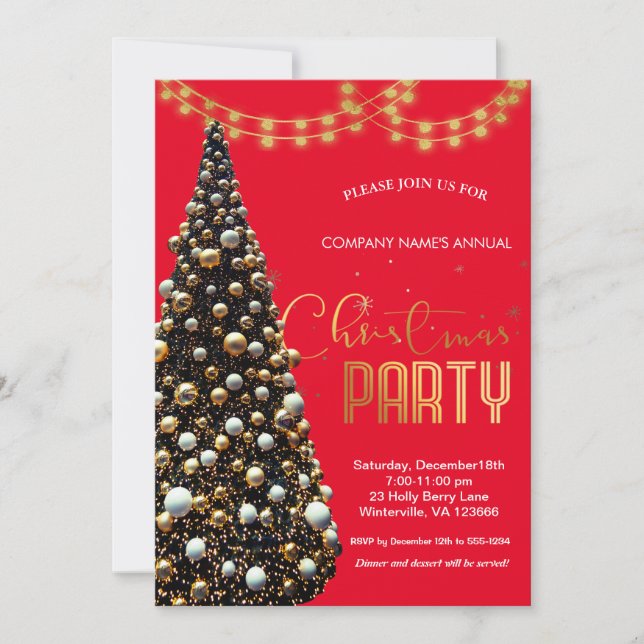 Eleganter goldener Weihnachtsbaum, rot Einladung (Vorderseite)