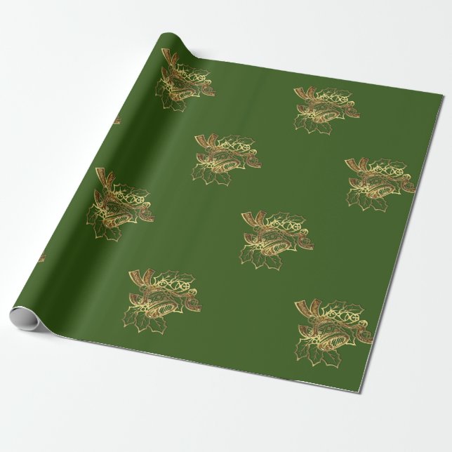 Eleganter goldener Weihnachtsglocke, grüner Urlaub Geschenkpapier (Ungerollt)