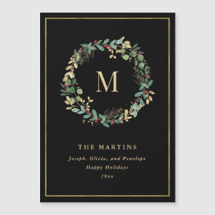 Eleganter goldener Weihnachtskranz mit Monogram Magnetkarte