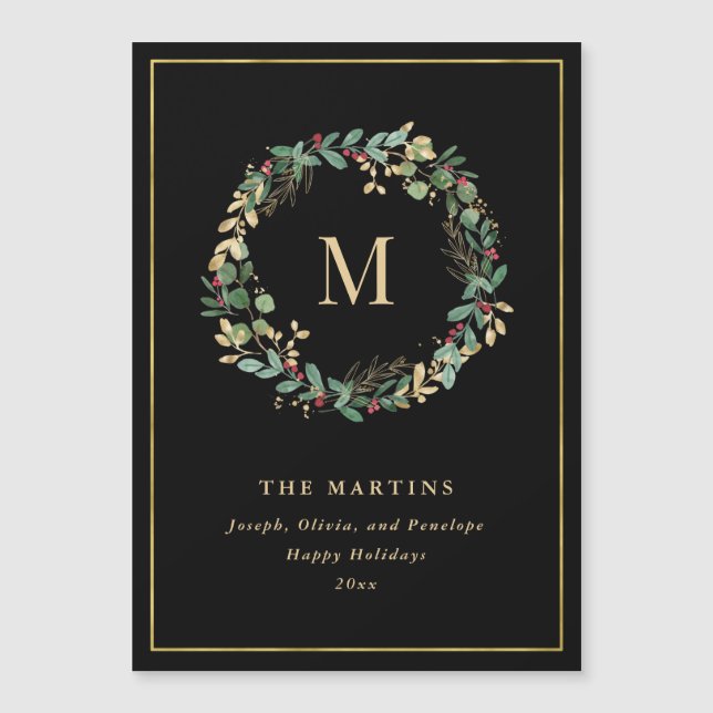 Eleganter goldener Weihnachtskranz mit Monogram Magnetkarte (Vorderseite)