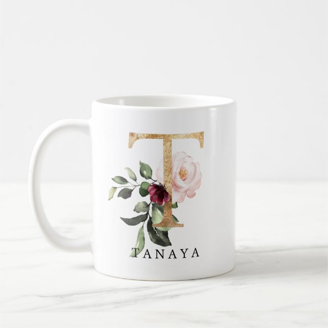 Eleganter goldfarbener Rosa Burgundy Blume Letter  Kaffeetasse (Links)