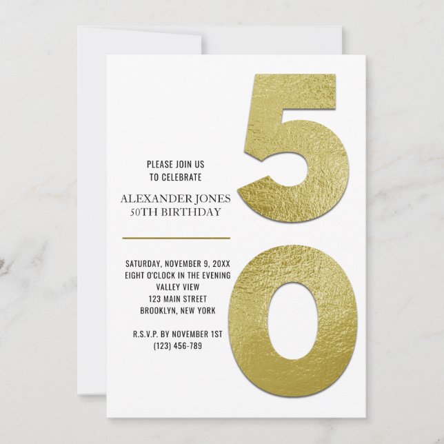 Eleganter Goldfilm 50. Geburtstag Einladung (Vorderseite)